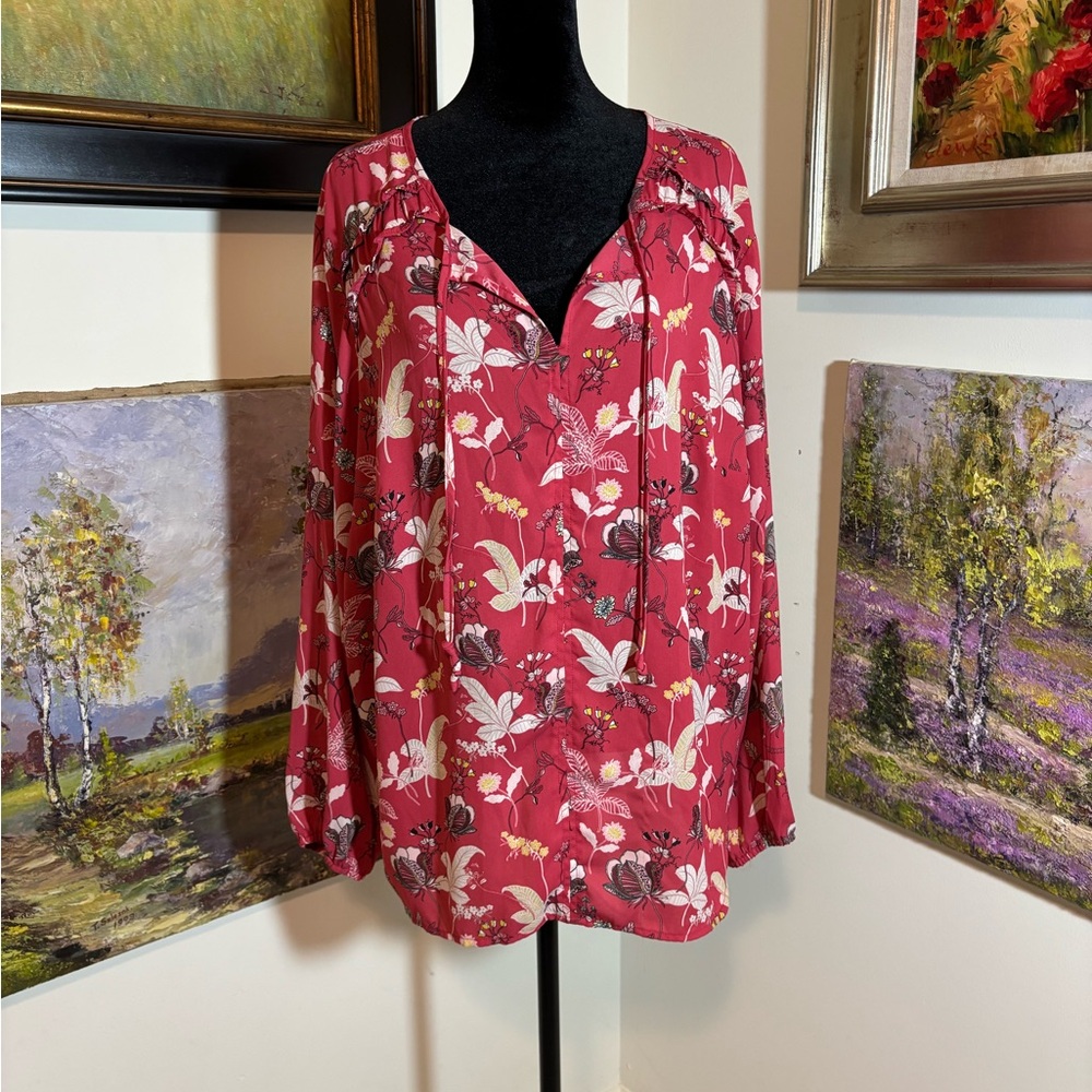 LOFT Red Relaxed Buttoned Blouse
